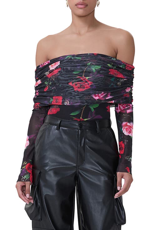 Maxine Ruched Off the Shoulder Mesh Bodysuit