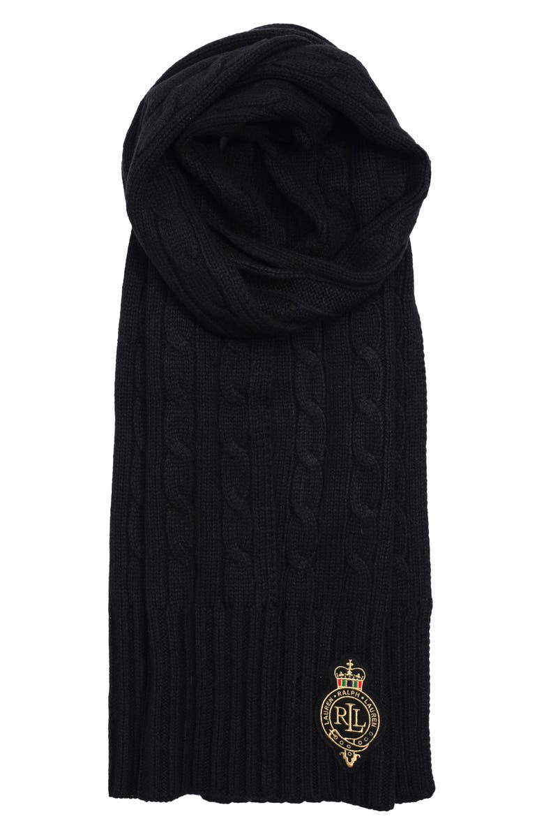 Lauren Ralph Lauren Cable Stitch Crest Patch Scarf, Alternate, color, Black