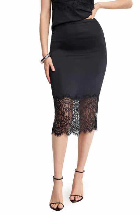 Good American Lace Trim Satin Midi Skirt