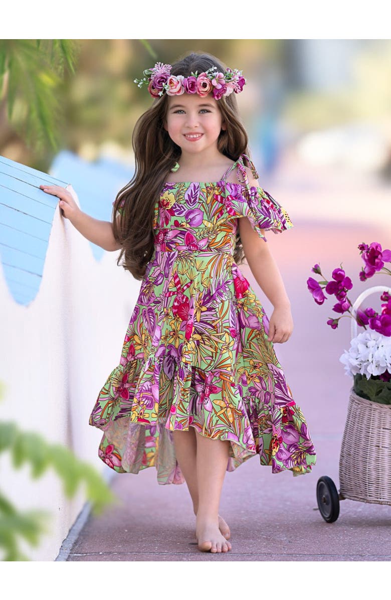 Mia Belle Girls Girls Tropical Florals Casual Hi-Lo Dress, Alternate, color, Purple