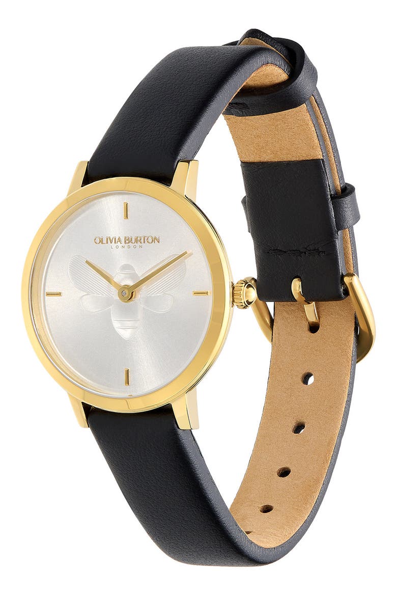 Signature Bees Leather Strap Watch, 28mm, Alternate, color, WHITE