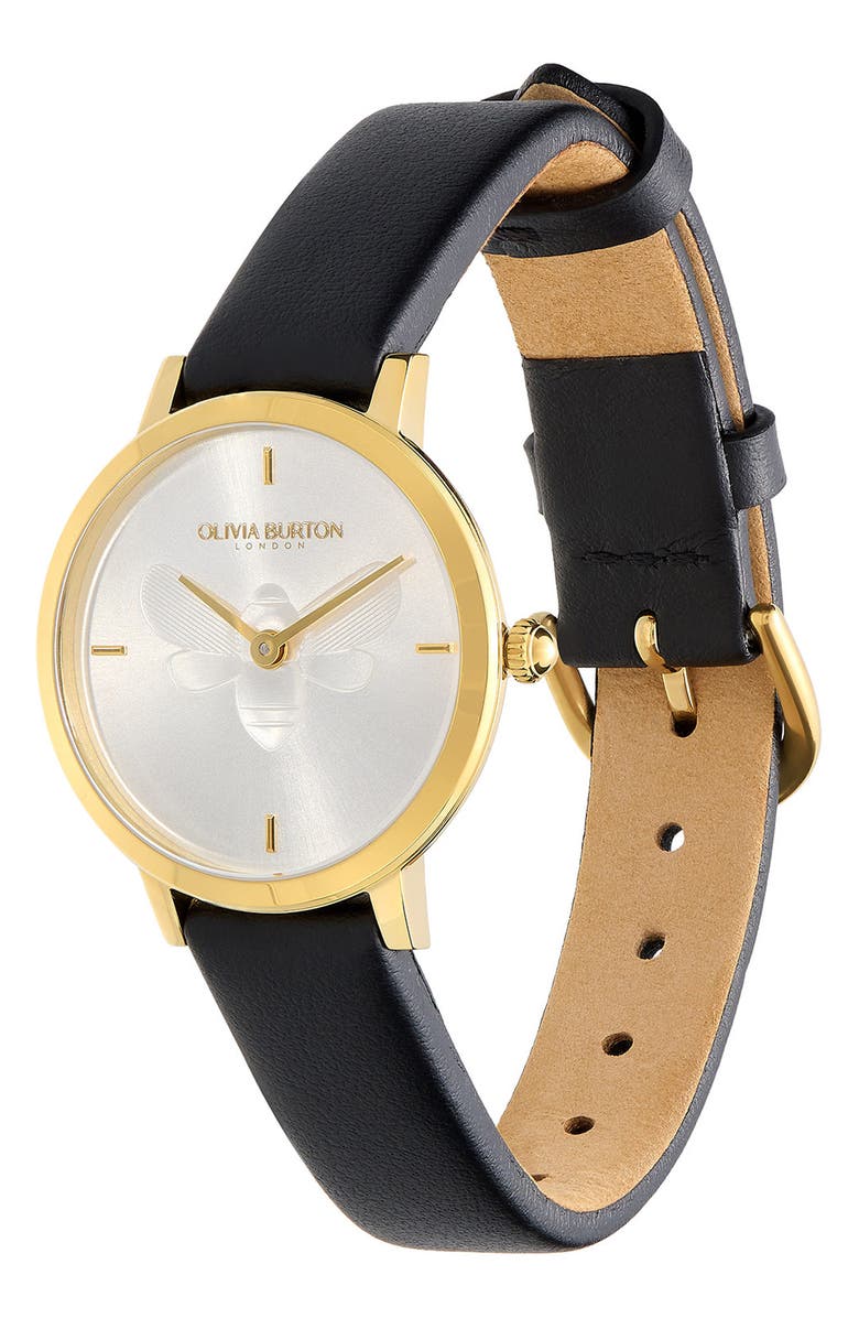 Olivia Burton Signature Bees Leather Strap Watch, 28mm, Alternate, color, White
