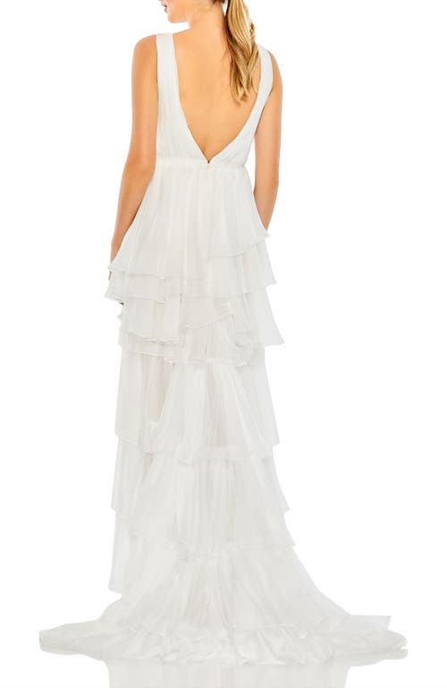 Mac Duggal Built In Bodysuit Tiered High Low Gown In White In White