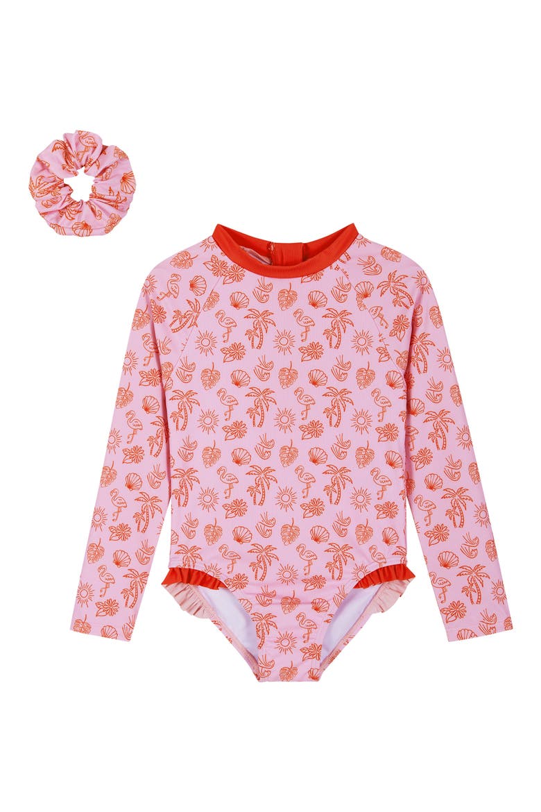 Kids' Long Sleeve One-Piece Rashguard Swimsuit & Scrunchie Set, Main, color, PINK BEACH