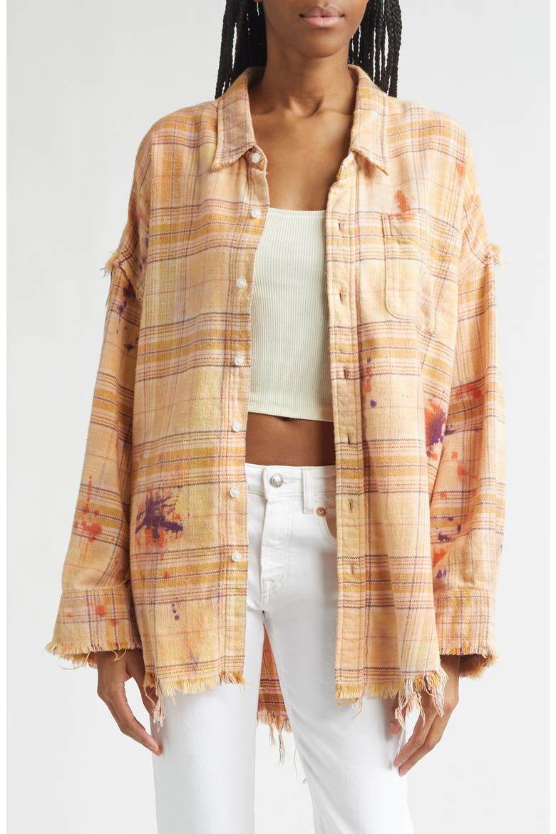 Shredded Seam Drop Neck Plaid Flannel Button-Up Shirt, Main, color, OVERDYED ORANGE PURPLE PLAID