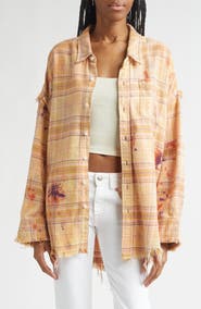 R13 Shredded Seam Drop Neck Plaid Flannel Button-Up Shirt