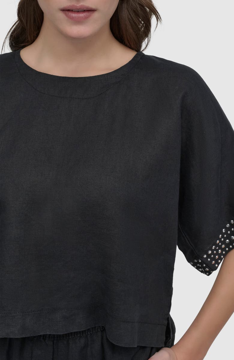 DKNY Studded Boxy Linen Top, Alternate, color, Black