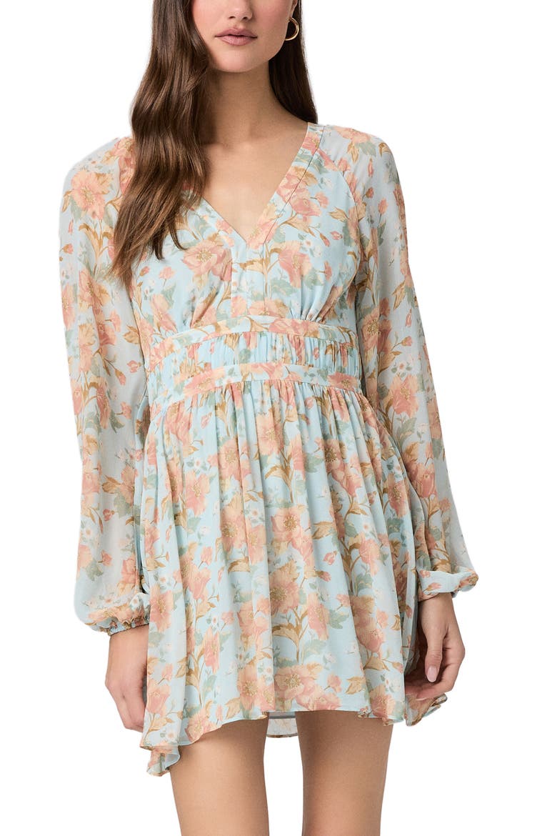 Summerland Long Sleeve Floral Print Silk Minidress, Alternate, color, SURF MULTI