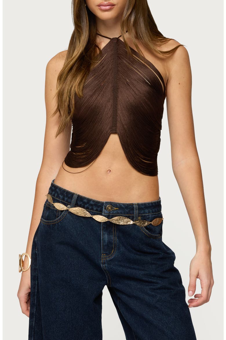Hara Fringed Crop Halter Top, Main, color, BROWN