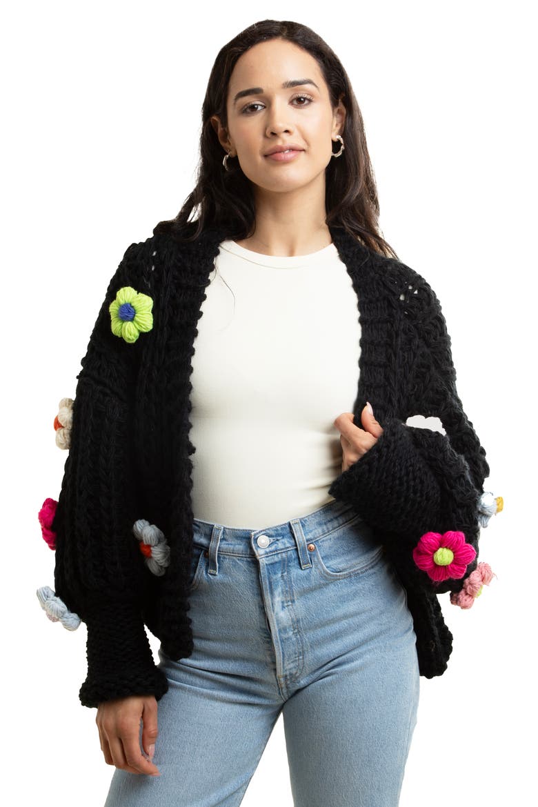Chunky Floral Crochet Cardigan, Alternate, color, BLACK