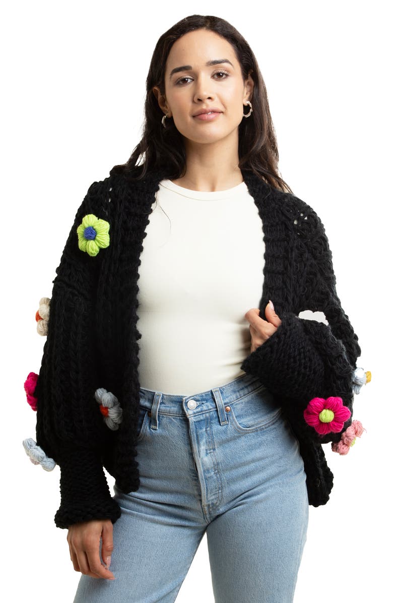 SAACHI Chunky Floral Crochet Cardigan, Alternate, color, Black