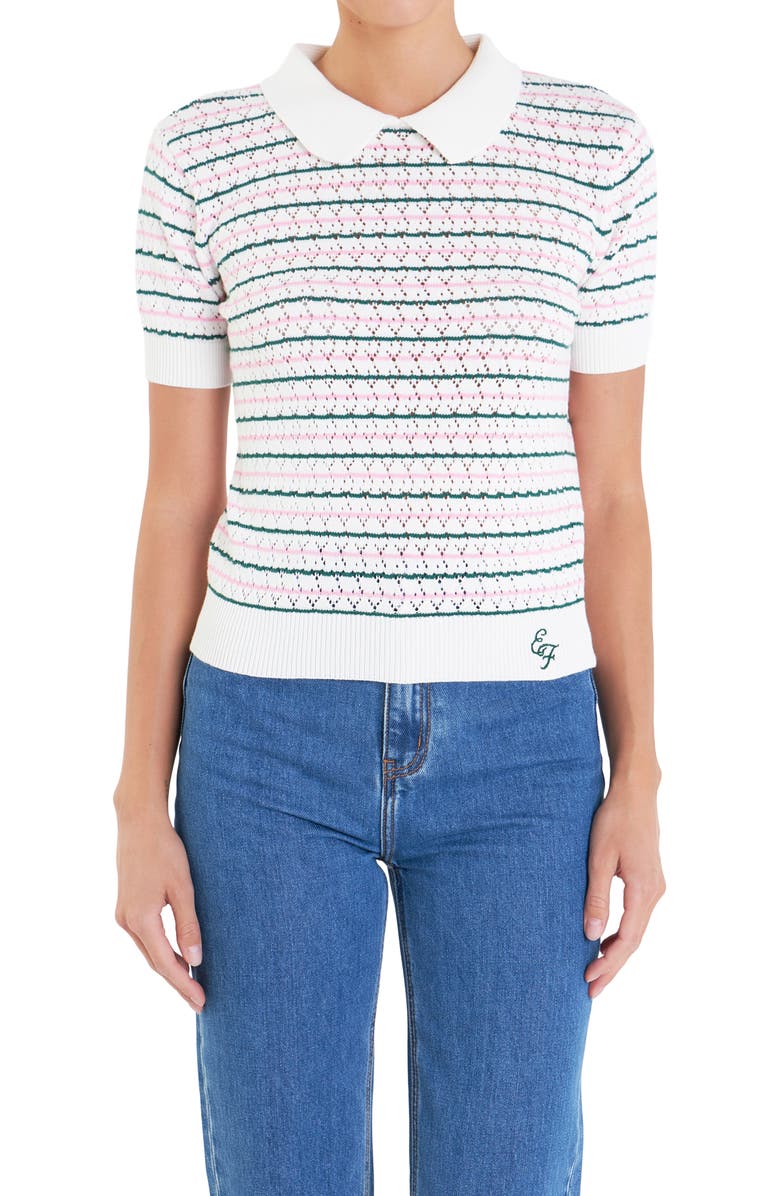 English Factory Sports Club Stripe Pointelle Short Sleeve Sweater, Alternate, color, 