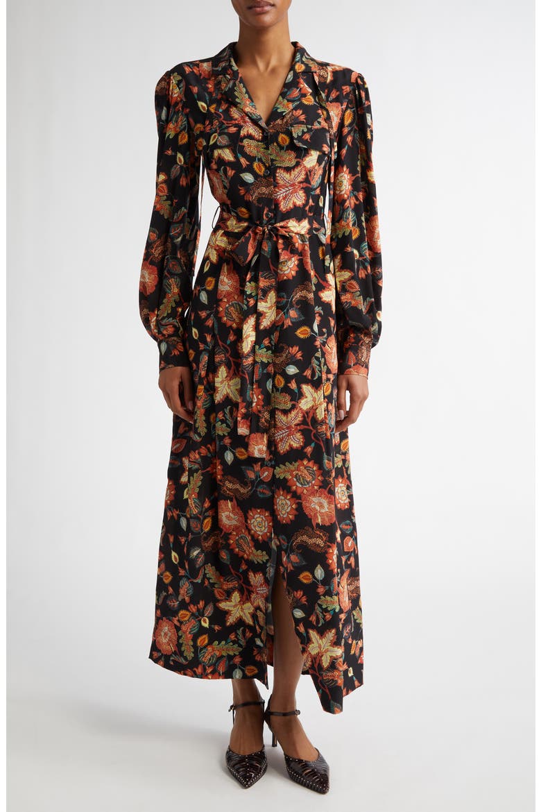 Giselle Floral Long Sleeve Silk Shirtdress, Main, color, HELLEBORE