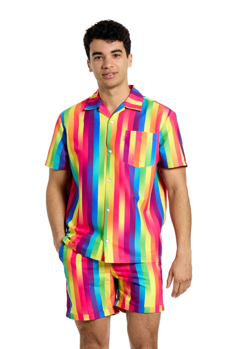 Rainbow Stripe Camp Shirt & Drawstring Shorts Set, Alternate, color, MISCELLANEOUS