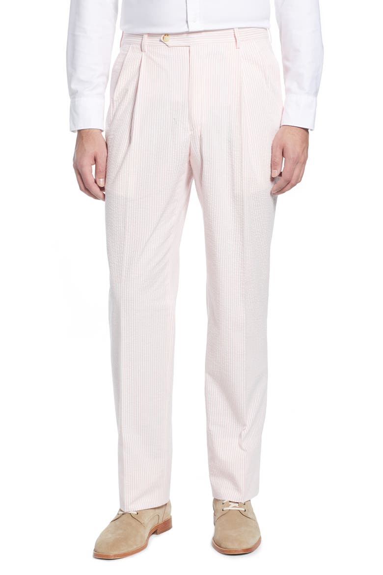 Pleated Seersucker Cotton Dress Pants, Main, color, PINK