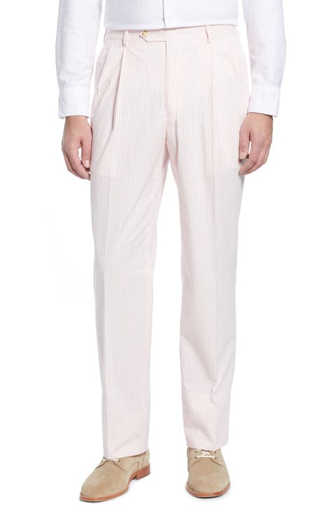 Pleated Seersucker Cotton Dress Pants
