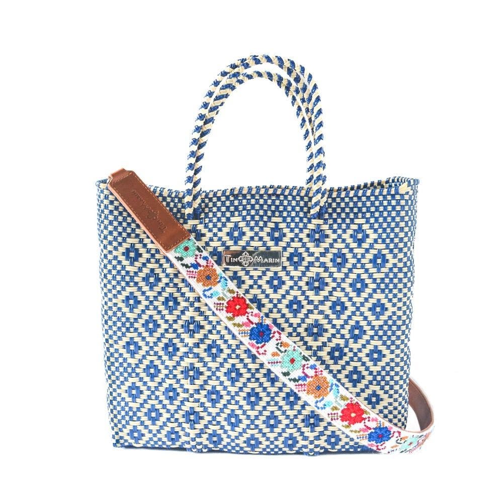 Mai Woven Bag Strap, Alternate, color, Blue Flowers with Leather