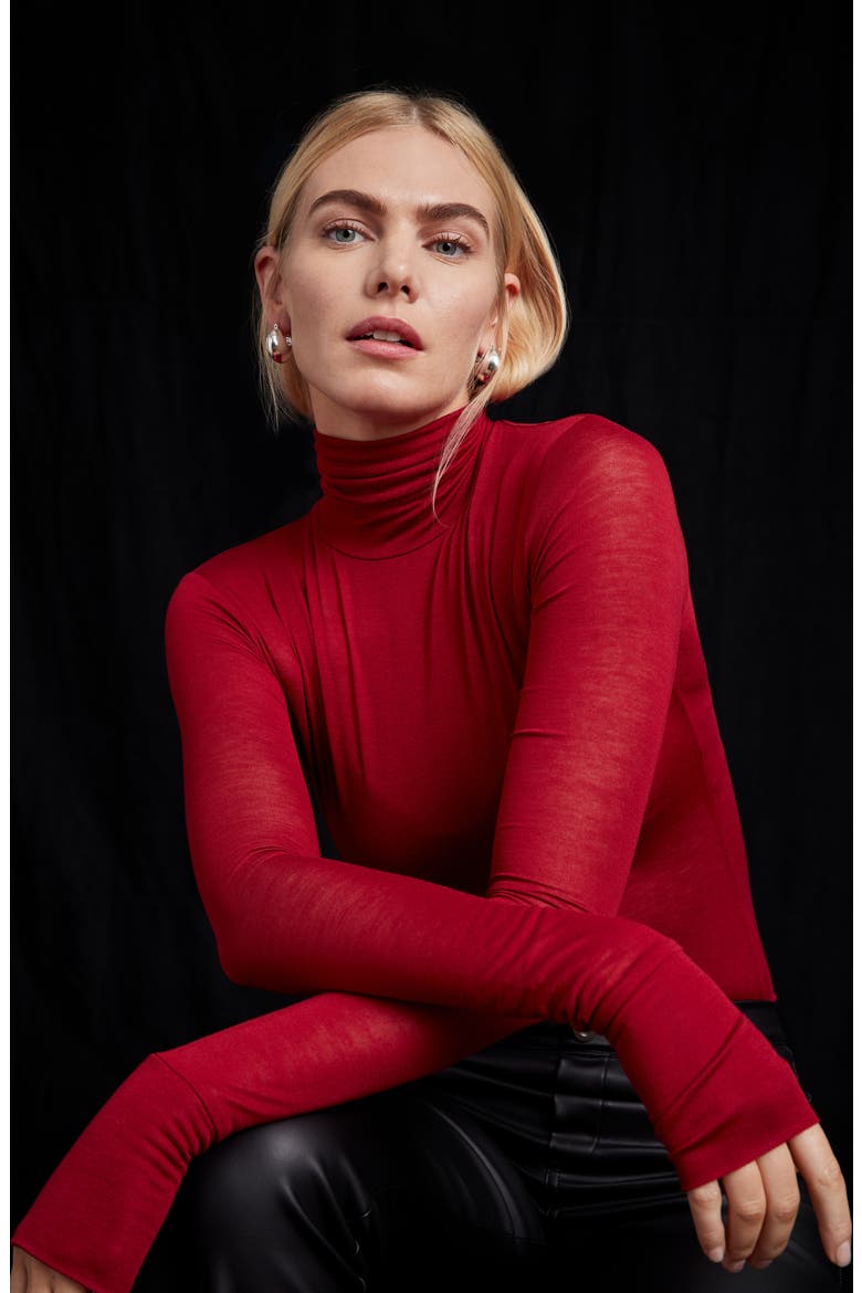 Eloise Turtleneck Semisheer Jersey Top, Alternate, color, RED