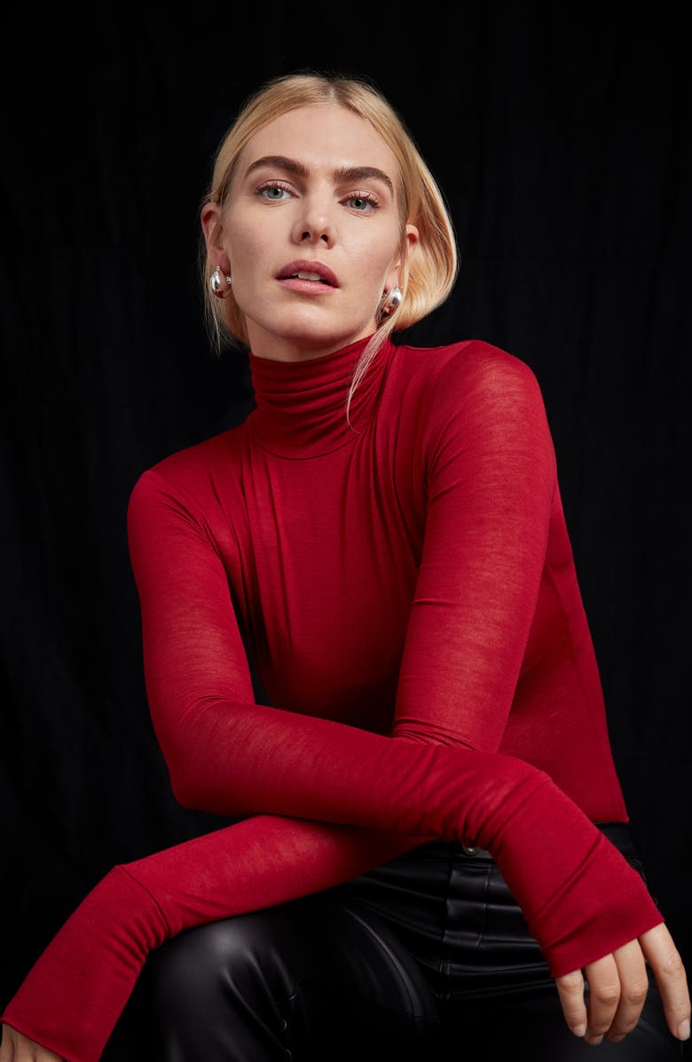Marcella Eloise Turtleneck Semisheer Jersey Top, Alternate, color, Red
