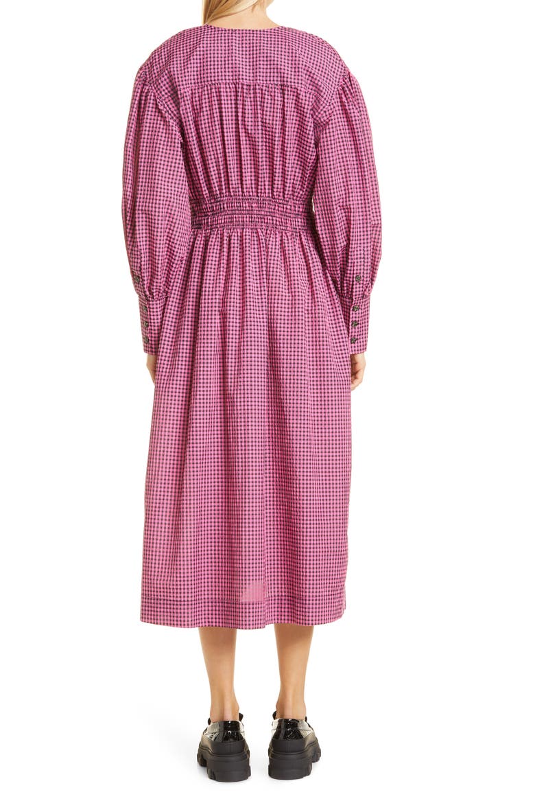 Seersucker Check Long Sleeve V-Neck Dress, Alternate, color, CARMINE ROSE