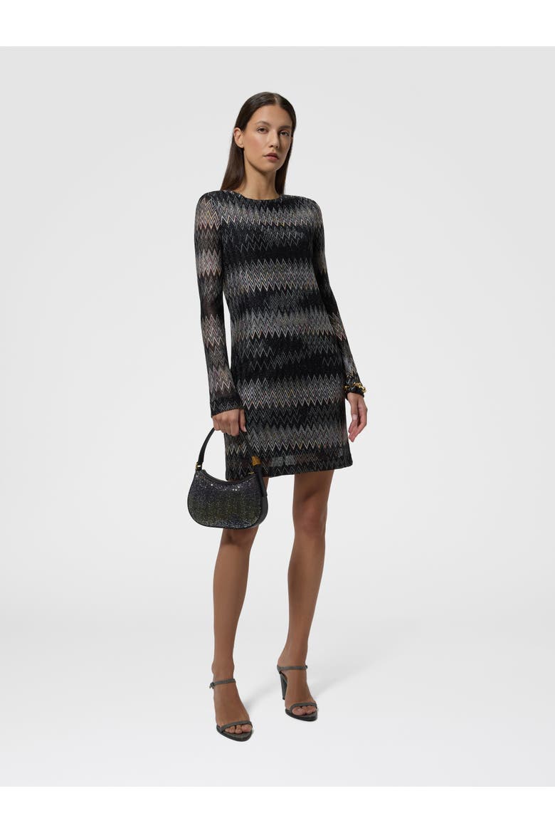 Long-sleeve Viscose Lamé Chevron Mini Dress, Alternate, color, Black
