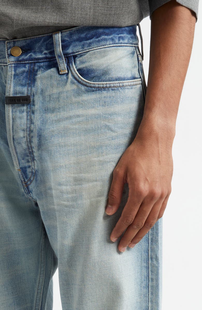 Fear of God Five-Pocket Raw Hem Straight Leg Jeans, Alternate, color, Light Indigo