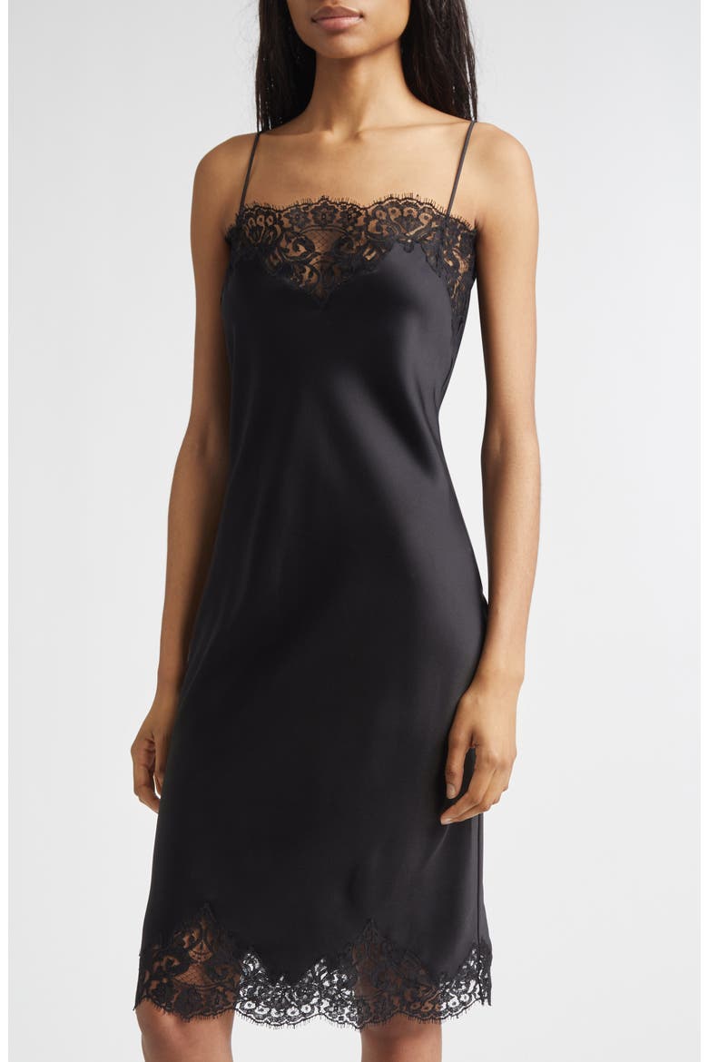 Iconic Lace Trim Satin Slipdress, Alternate, color, BLACK