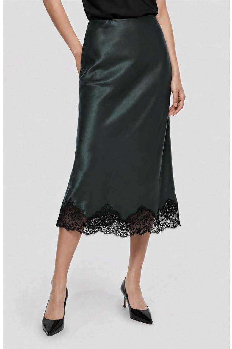 Marisa Bias Cut Lace Trim Satin Skirt, Main, color, PONDEROSA PINE/ BLACK