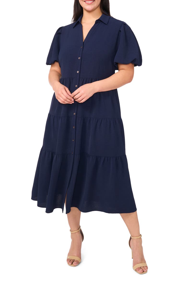 Puff Sleeve Tiered Maxi Shirtdress, Main, color, CLASSIC NAVY
