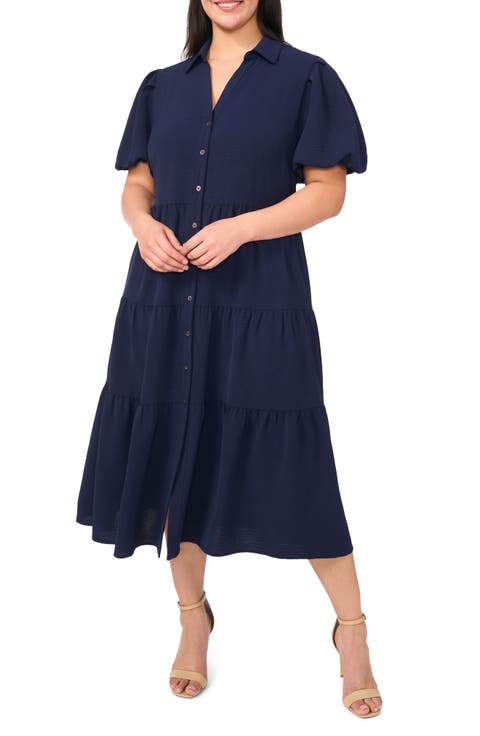Puff Sleeve Tiered Maxi Shirtdress (Plus)