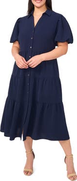 CeCe Puff Sleeve Tiered Maxi Shirtdress