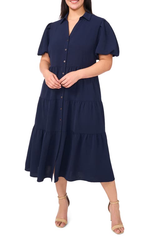 Cece Puff Sleeve Tiered Maxi Shirtdress In Blue