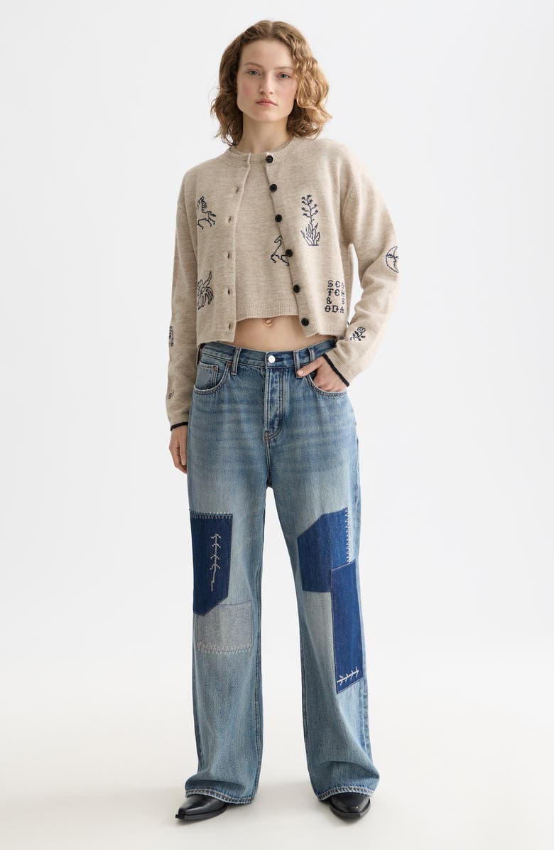 Scotch & Soda Embroidered Crewneck Cardigan, Alternate, color, Oatmeal Melange