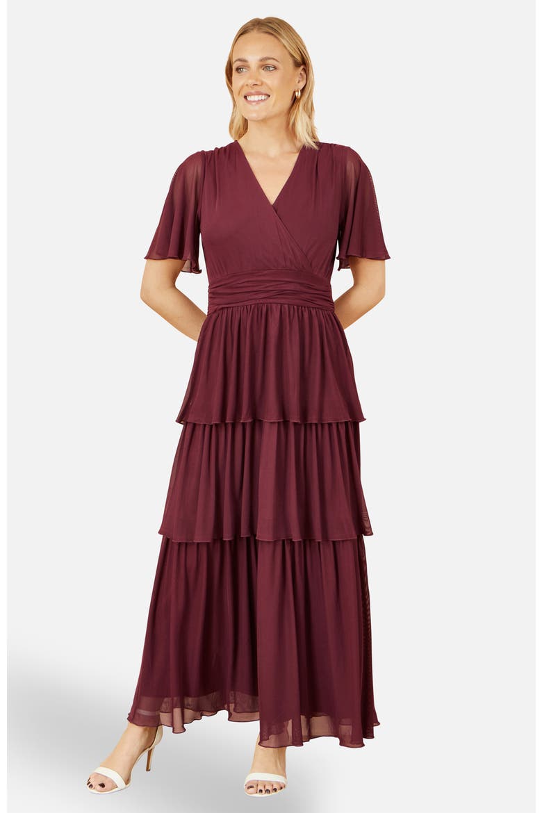 Mesh V-Neck Tiered Maxi Dress, Main, color, Burgundy