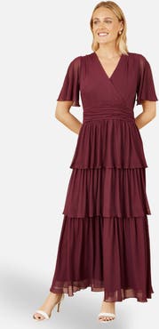 Yumi Mesh V-Neck Tiered Maxi Dress