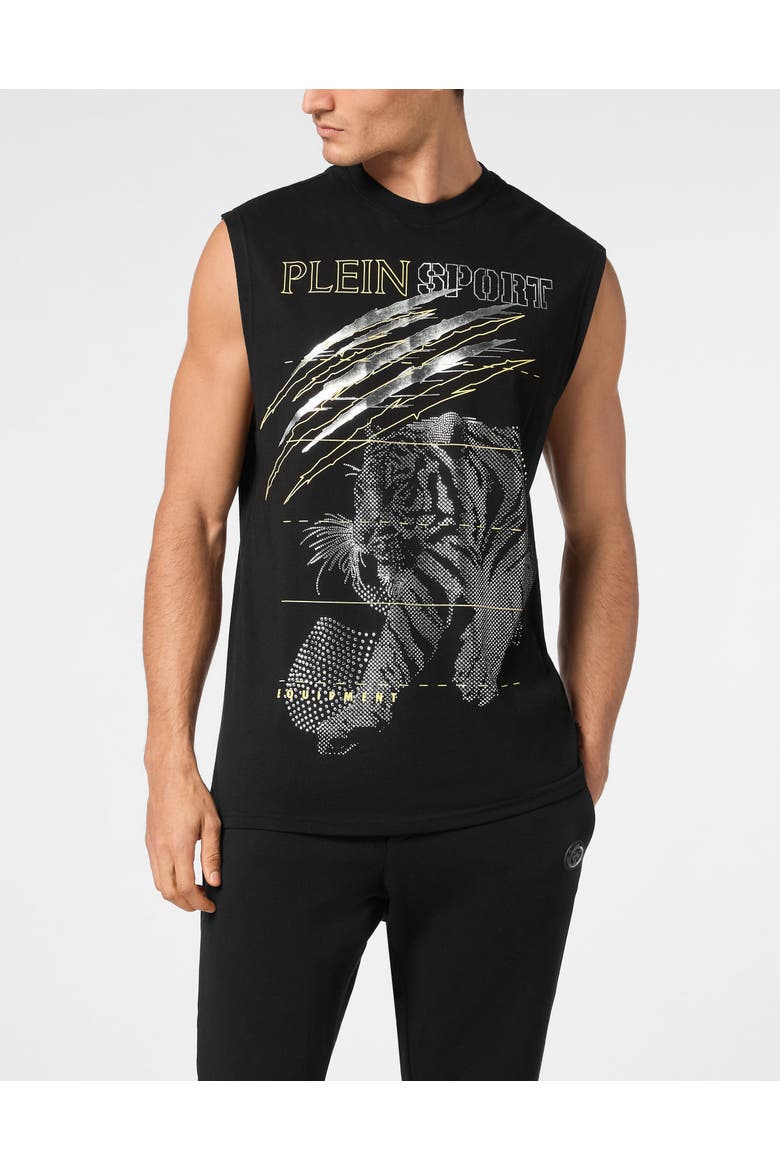 Cotton Dotted T-Shirt Round Neck Sleeveless Lamina Tiger Men, Main, color, black/silver