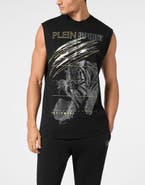PLEIN SPORT Cotton Dotted T-Shirt Round Neck Sleeveless Lamina Tiger Men