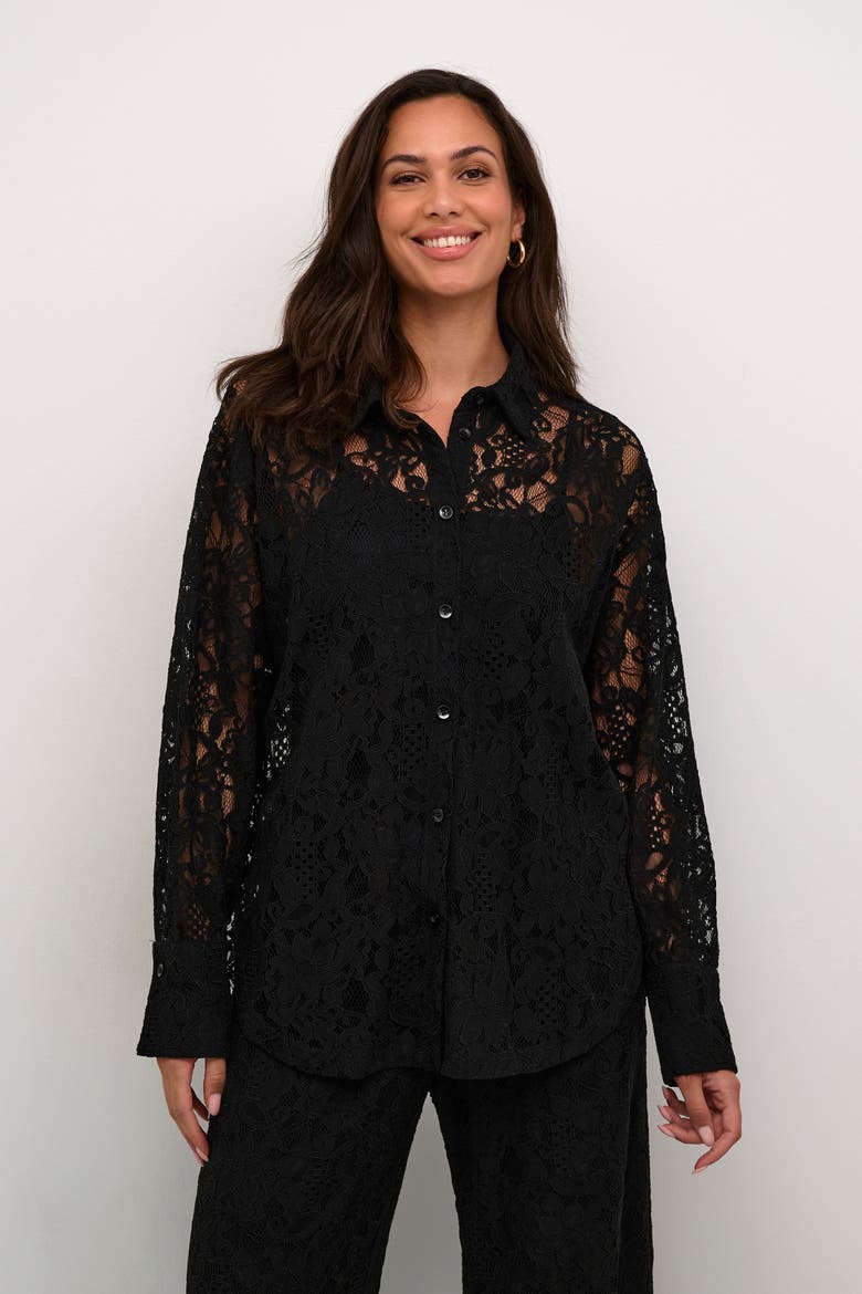 Kanelly Lace Shirt Loose Fit Button Up, Main, color, Black Deep