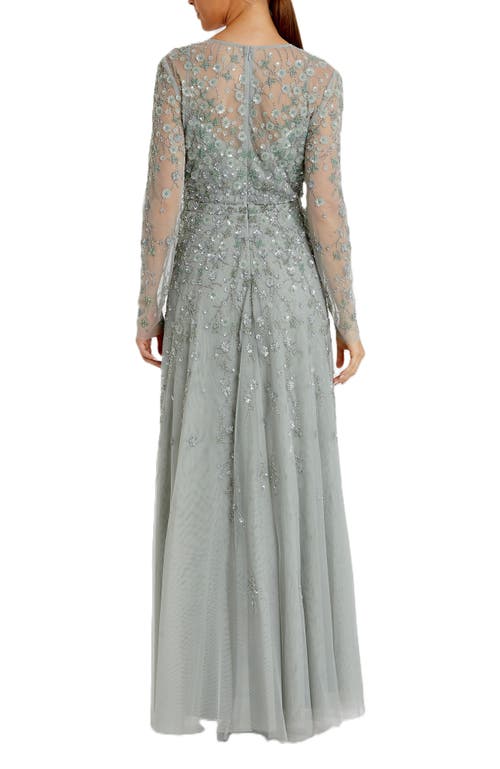 MAC DUGGAL MAC DUGGAL EMBELLISHED WRAP OVER ILLUSION LONG SLEEVE A LINE GOWN