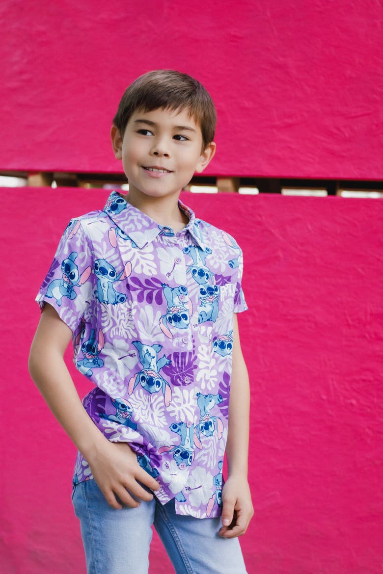 Short Sleeve Button Down Shirt, Alternate, color, Lilo & Stitch Purple