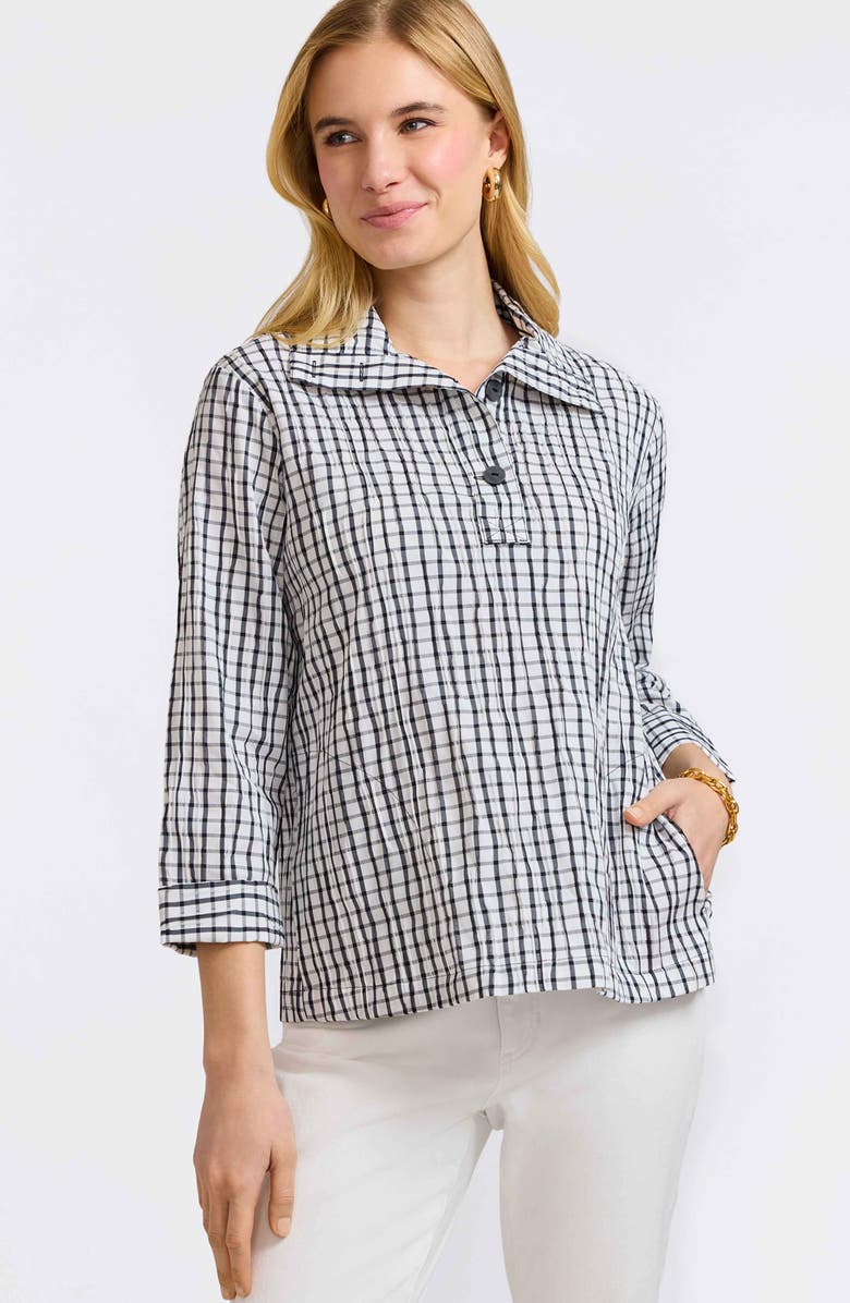 Foxcroft Sammy Check Crinkled Cotton Blend Top, Alternate, color, White/ Black