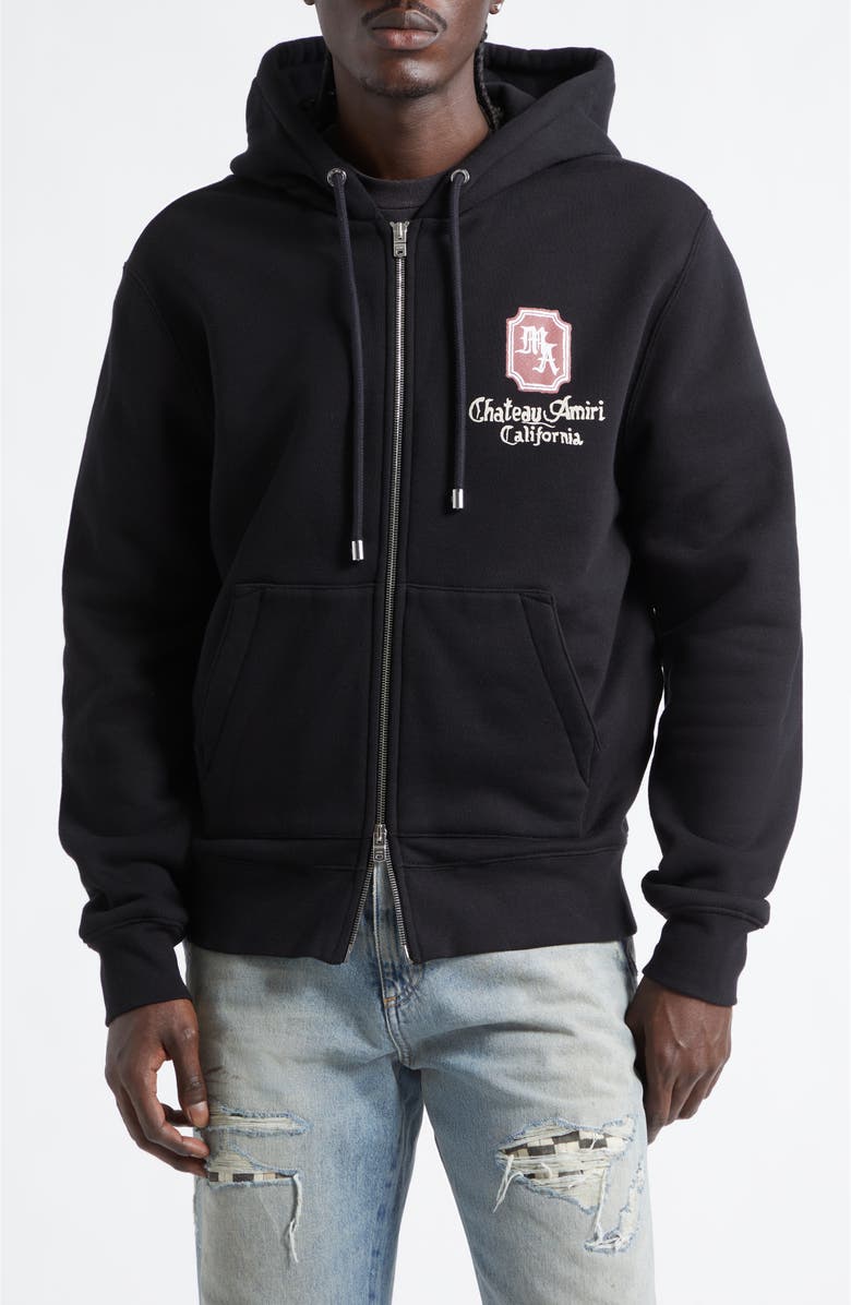 AMIRI Chateau Logo Full Zip Fleece Hoodie, Main, color, Black Archived