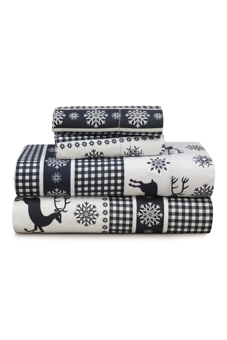 Gingham Deer Heavyweight Cotton Flannel Sheet Set, Main, color, NAVY
