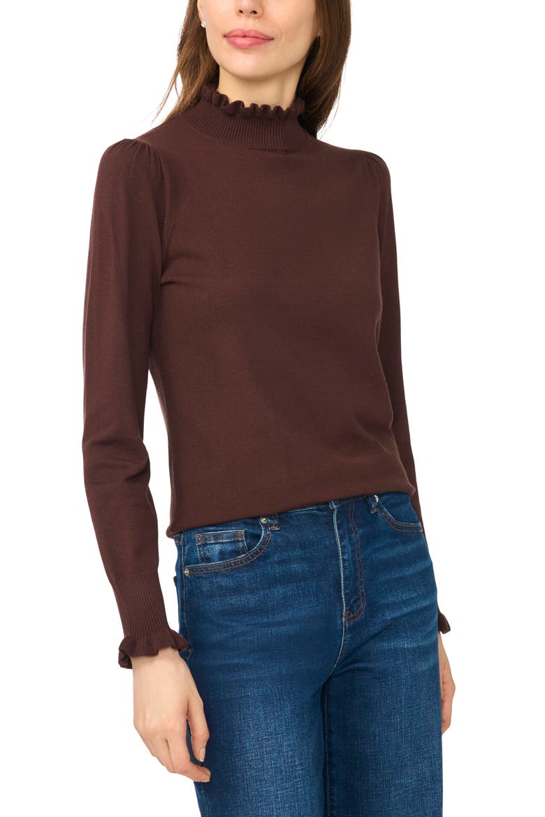 Ruffle Mock Neck Sweater, Main, color, COFFEE BEAN