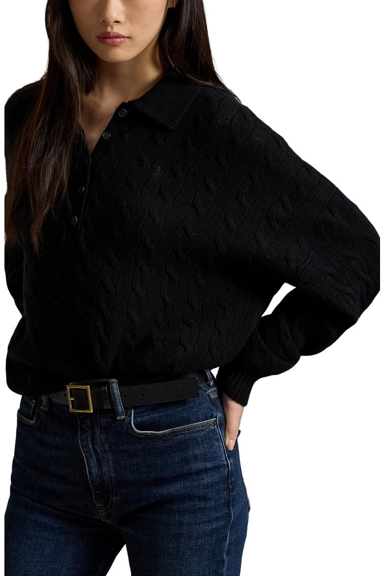 Cable Wool & Cashmere Polo Collar Sweater, Main, color, BLACK