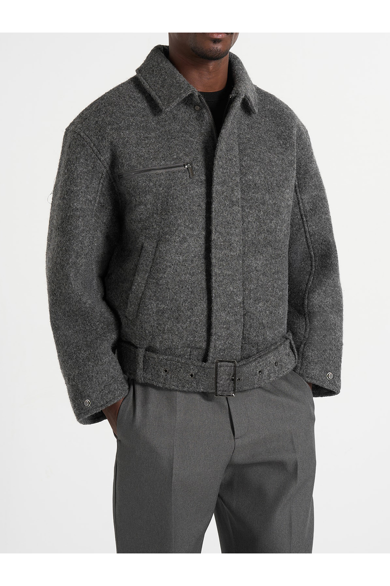 Ezra Unisex Wool Belted Bomber Jacket, Main, color, Grey