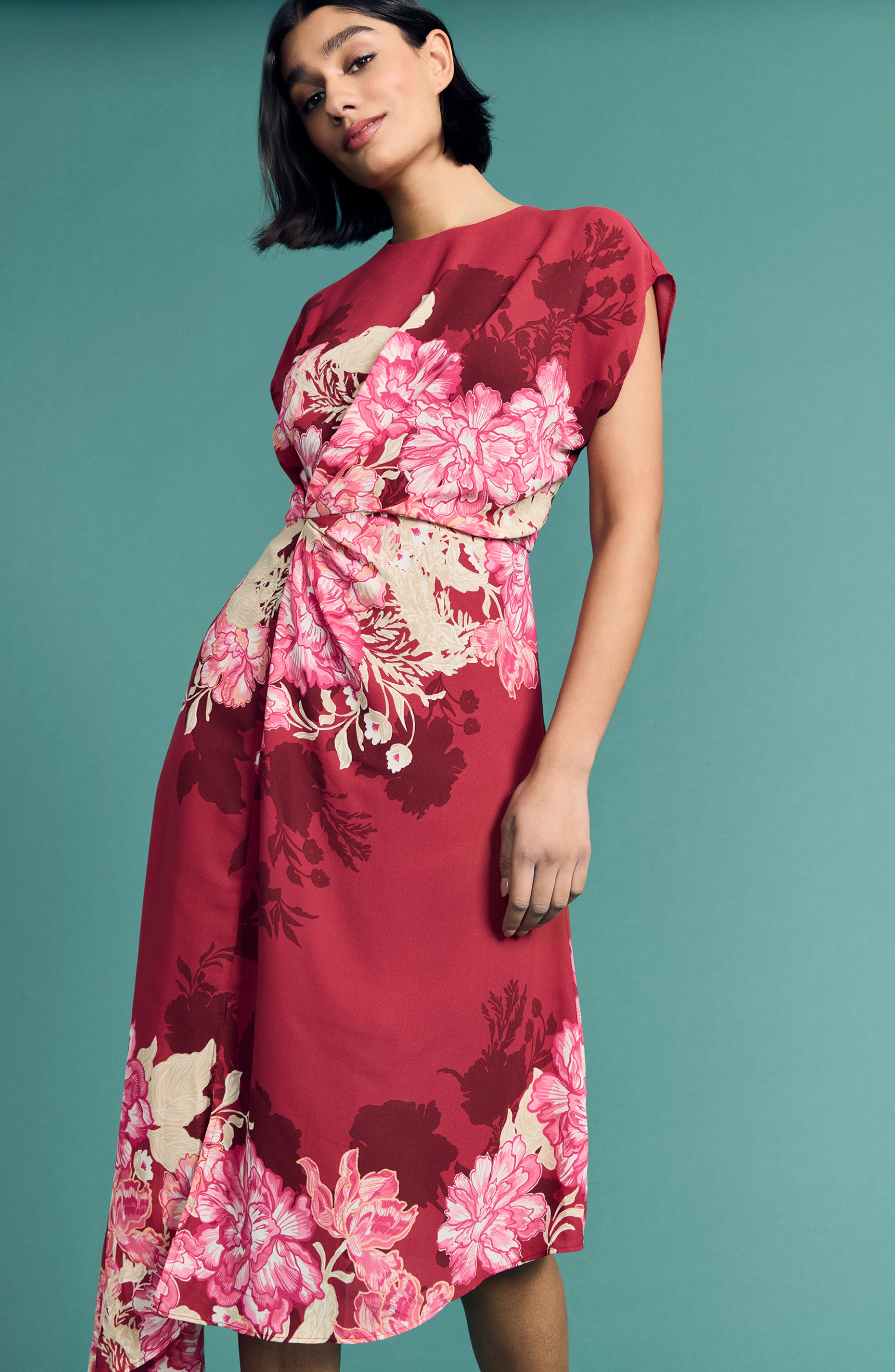 brisbane asymmetrical floral midi dress Maggy London Women's Short-Sleeve Midi Dress - White/blue