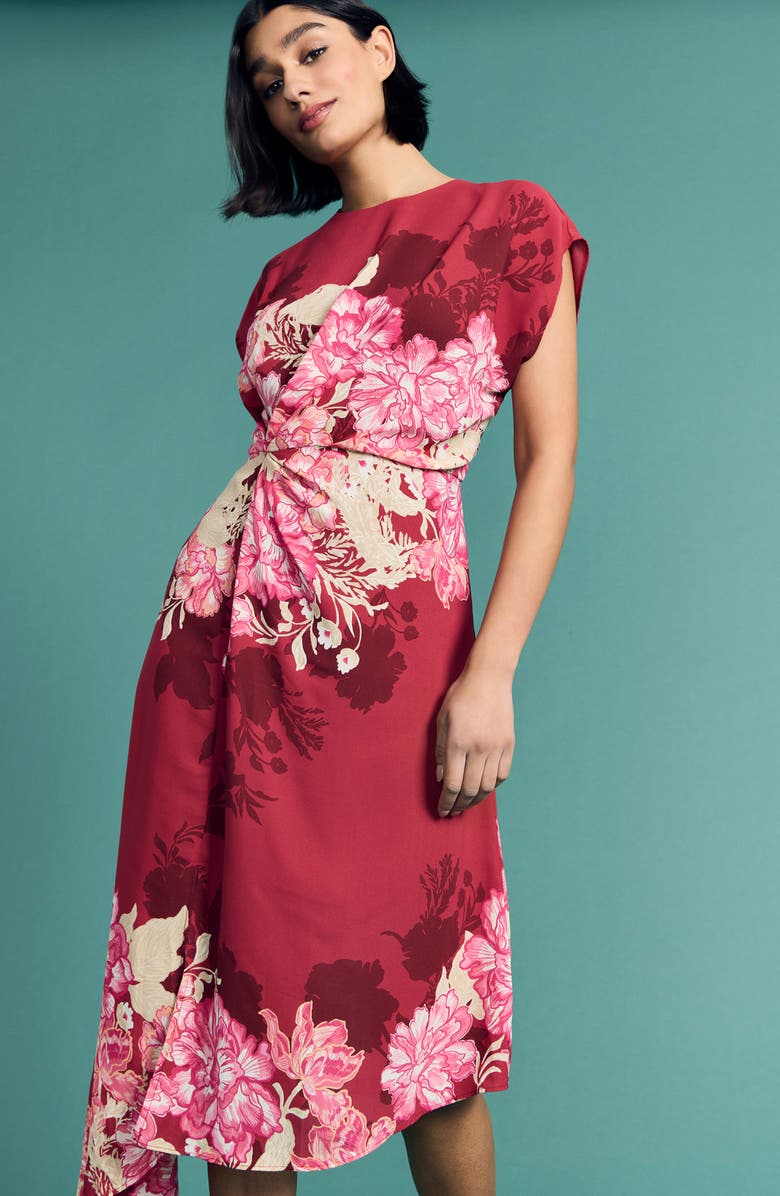 Maggy London Floral Print Asymmetric Midi Dress, Alternate, color, Rose Bud/ Pink Carnation