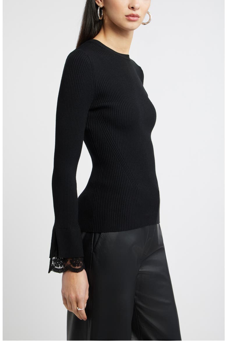Lace Cuff Ribbed Sweater, Alternate, color, BLACK