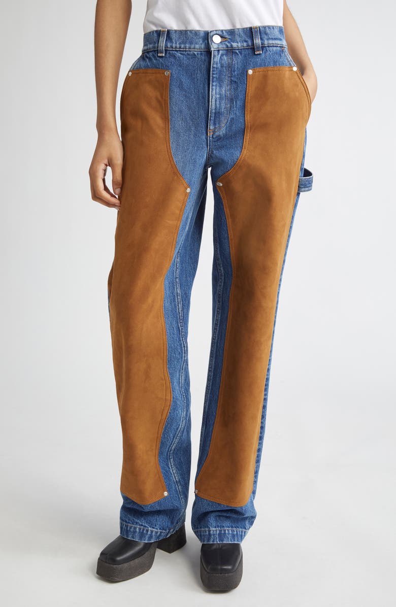 Stella McCartney Denim & Faux Suede Straight Leg Carpenter Jeans, Main, color, 4090 - Medium Vintage Blue